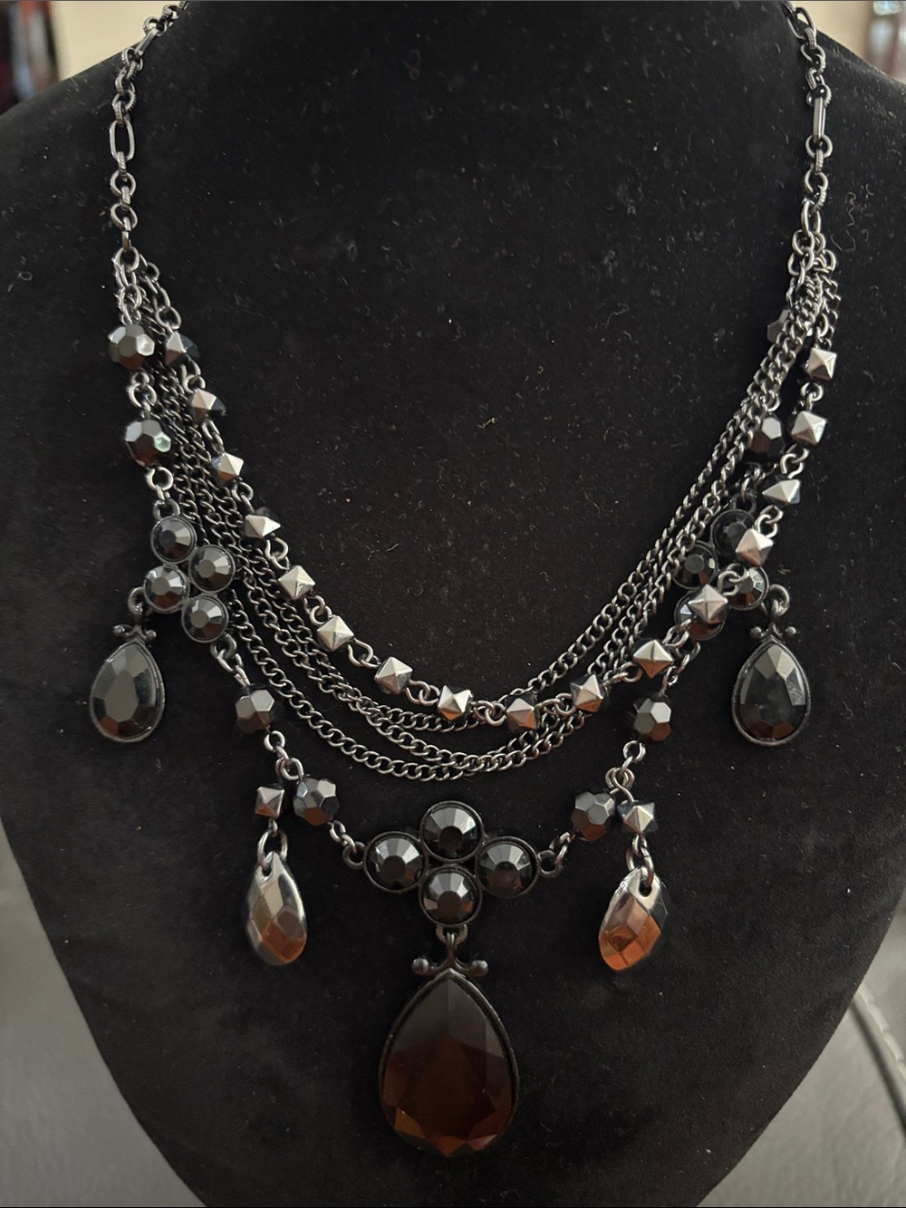 New York & Company Gunmetal Multi-Layer Teardrop Statement Necklace